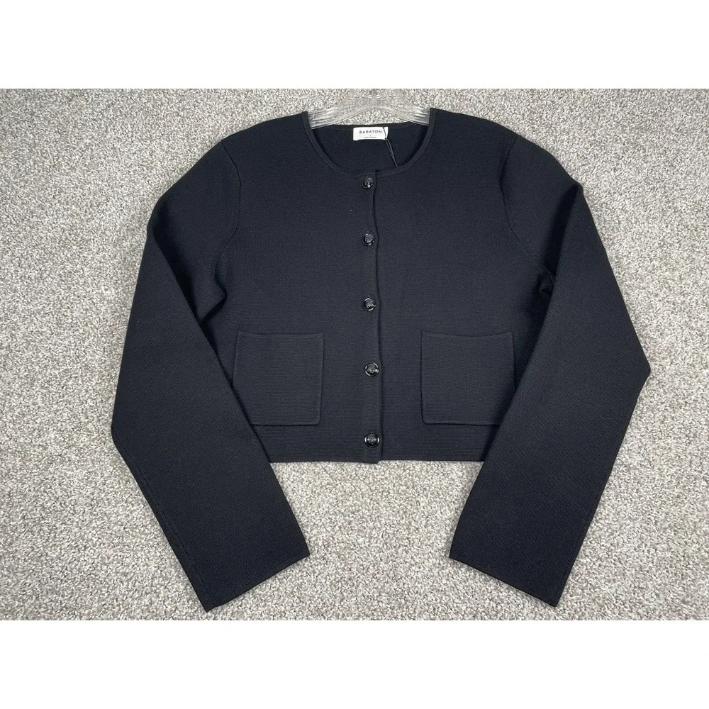 Aritzia Babaton Notable Cardigan Sweater Black Crop Knit Pockets Women Sz Large